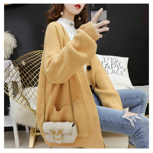 4 Colors Women Cashmere Long Section Loose V-neck Sweaters Knitted Cardigan Button Jacket