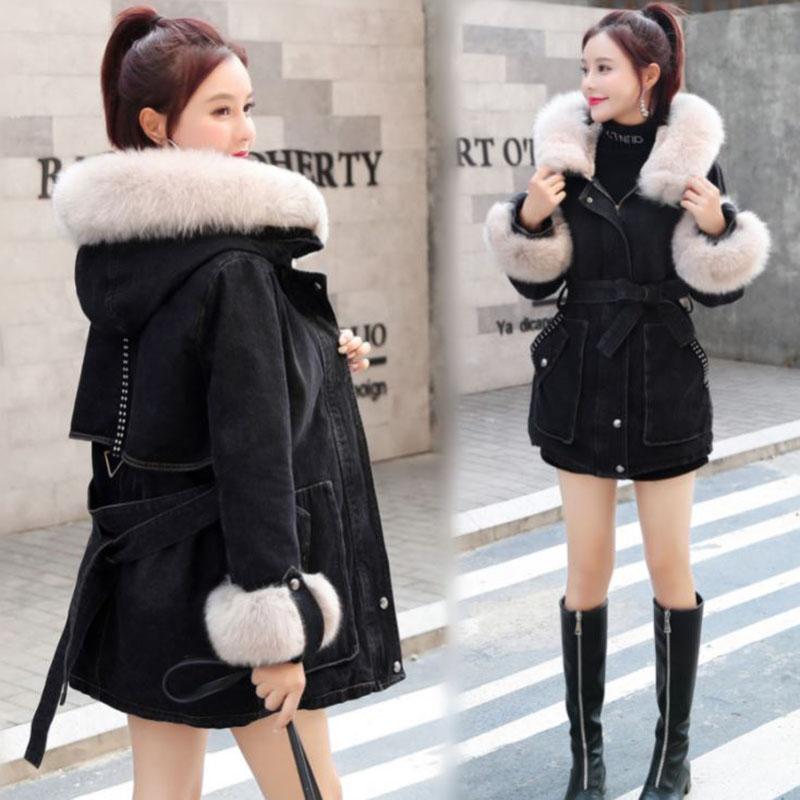 Ladies Winter Jacket Cashmere Thick Denim Hooded Coat with Big Fur Collar Parka