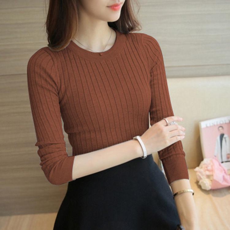 Pofulove Women Striped Half-high Collar Black Bottoming Shirt Autumn Winter Knitted Thick Sweater