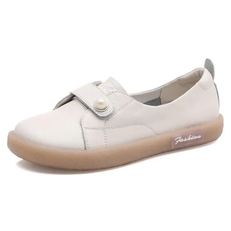 Women's Soft Leather Shallow Mouth White Shoes Spring All-match Soft Bottom Slip-on Lady's Shoes Flat Shoes Casual Mother Shoes