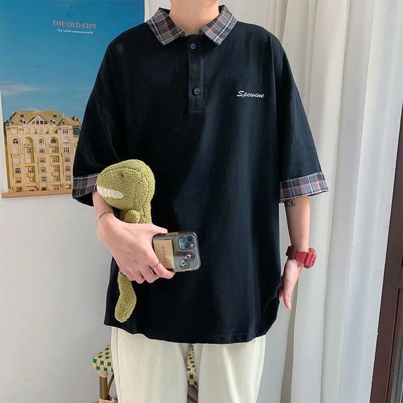 Fake Two-piece  Shirt Men's Short-sleeved T-shirt Summer Plaid Stitching Half-sleeved T-shirt Loose Men's Shirt