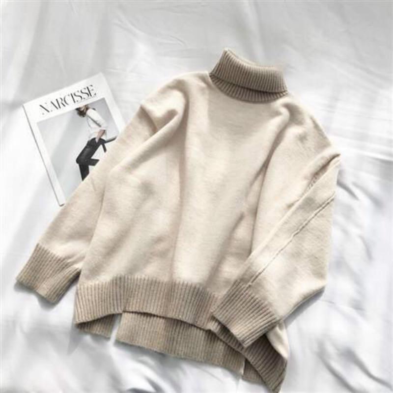 Pofulove High-neck Sweater Women Loose Thickened Pullover Hit Color Sweater Autumn and Winter