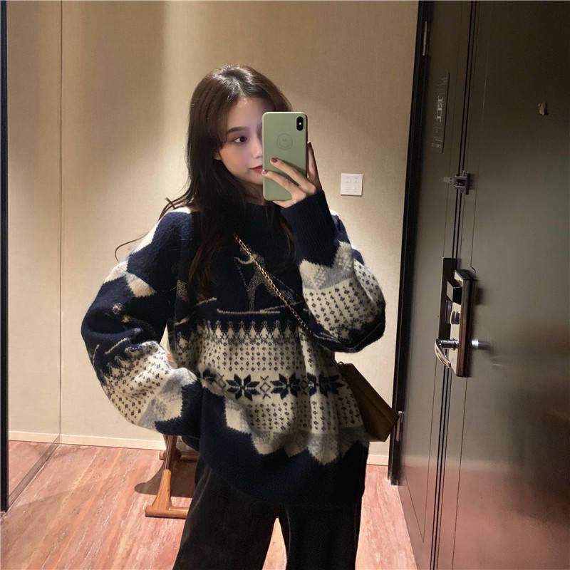 Autumn and Winter Loose Sweater Women's Fashion Wild Diamond-shaped Jacquard Pullover Top