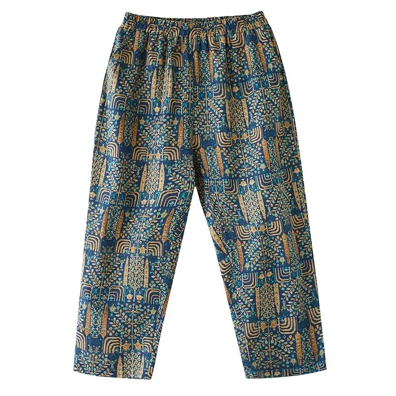 Spring and Summer Cotton and Linen Printed Cropped Trousers Large Size Loose Harem Pants Women Floral Temperament Casual Pants