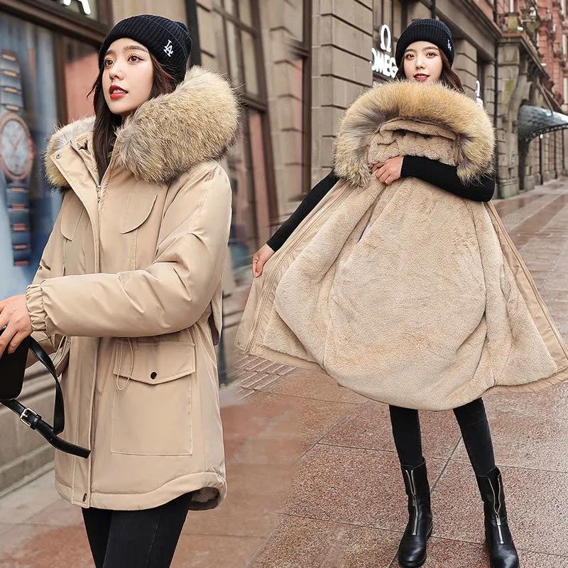 Mid-length Down Jacket To Overcome The Korean Version of Loose Plus Velvet Thickened Large Fur Collar Tooling Jacket