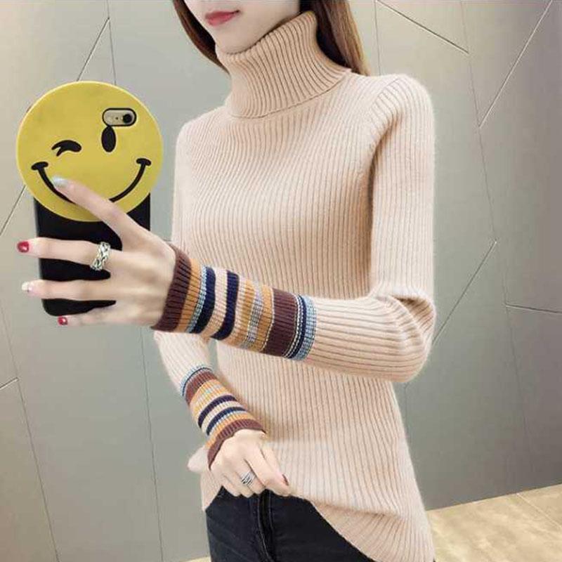 Pofulove Women Striped Turtleneck Sweater Winter Long Sleeve Slim Knitted Pullover Bottoming Shirt