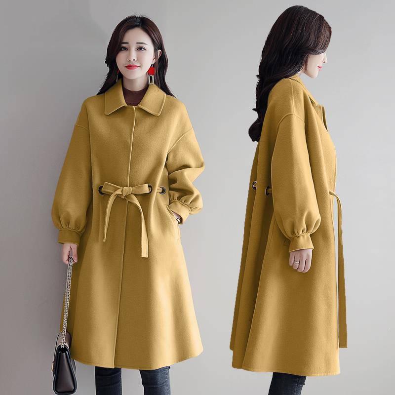 Womens' Winter Wool Long Coat with Woolen Coat Side Pocke Lantern Sleeve Long Jacket Trench Coat