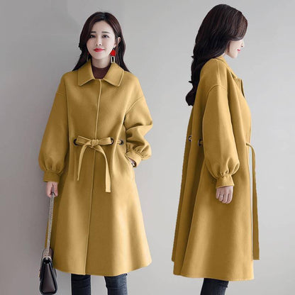 Womens' Winter Wool Long Coat with Woolen Coat Side Pocke Lantern Sleeve Long Jacket Trench Coat