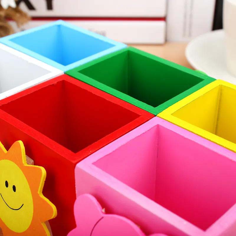 Cartoon Wooden Pen Holder Creative Desktop Stationery Office Supplies Storage Box