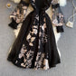 Spring Summer Fairy Flower Embroidery Dress Women Elegant Lantern Sleeve Mesh Patchwork Party Black
