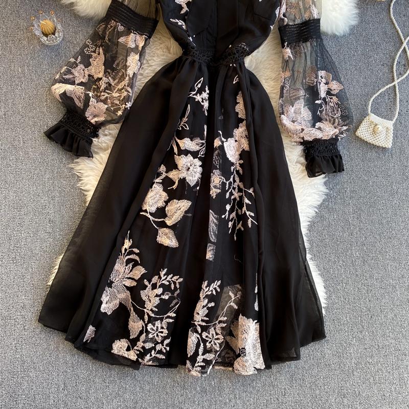Spring Summer Fairy Flower Embroidery Dress Women Elegant Lantern Sleeve Mesh Patchwork Party Black