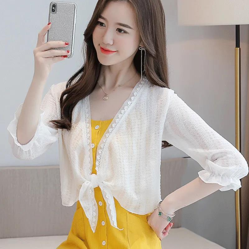 1 PCS Lace Cardigan Women Beach Sun Protection Summer Short Solid Color Thin Shawl Pair with Suspender Dress