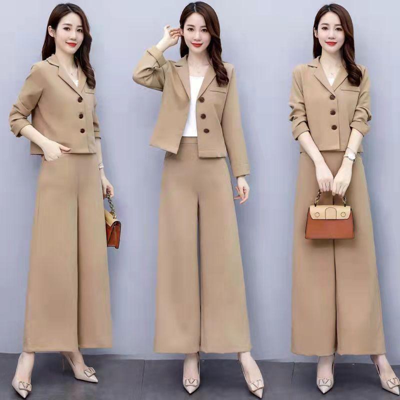 2PCS Women's Loose Wide Leg Pants Suit Spring/Autumn Fashion Casual Western Style Short Two-piece Set Elegant Trend Solid Sets Ladies Solid Color Suit