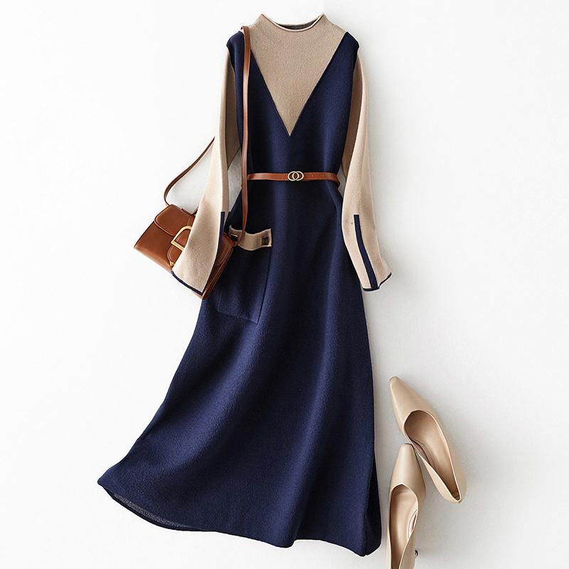 Waist Slimming Contrast Color Knitted Dress Spring and Autumn New Slim Temperament Simple A-line Mid-length Skirt