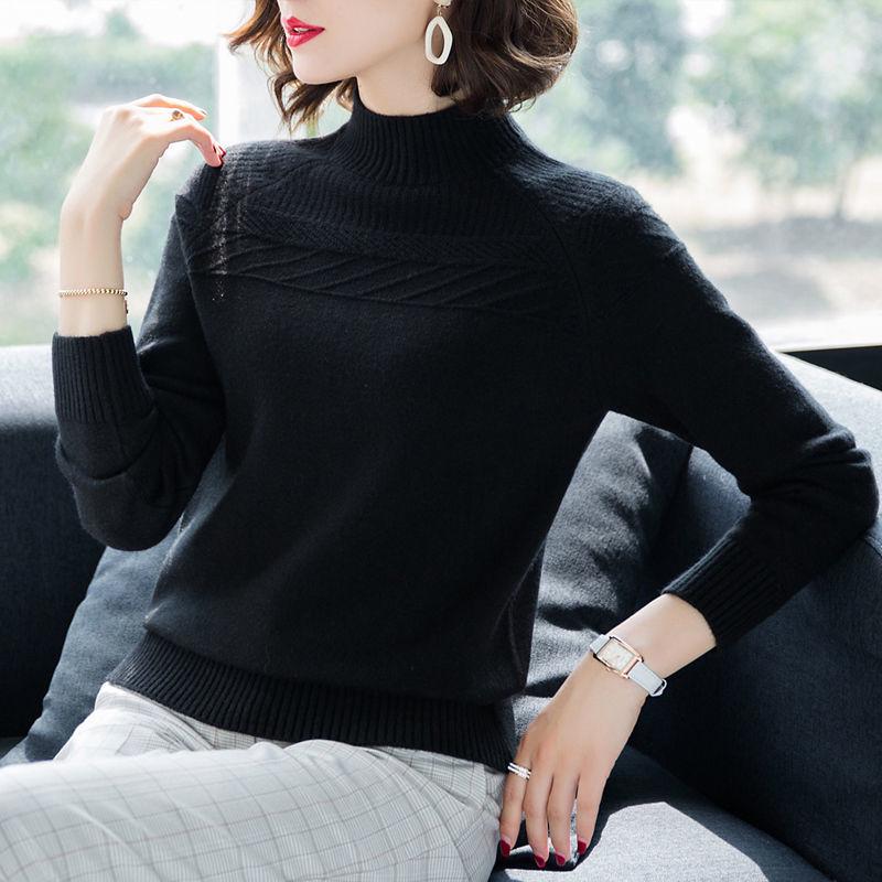 Plus velvet thick sweater female autumn and winter sets of half-high collar loose wild sweater