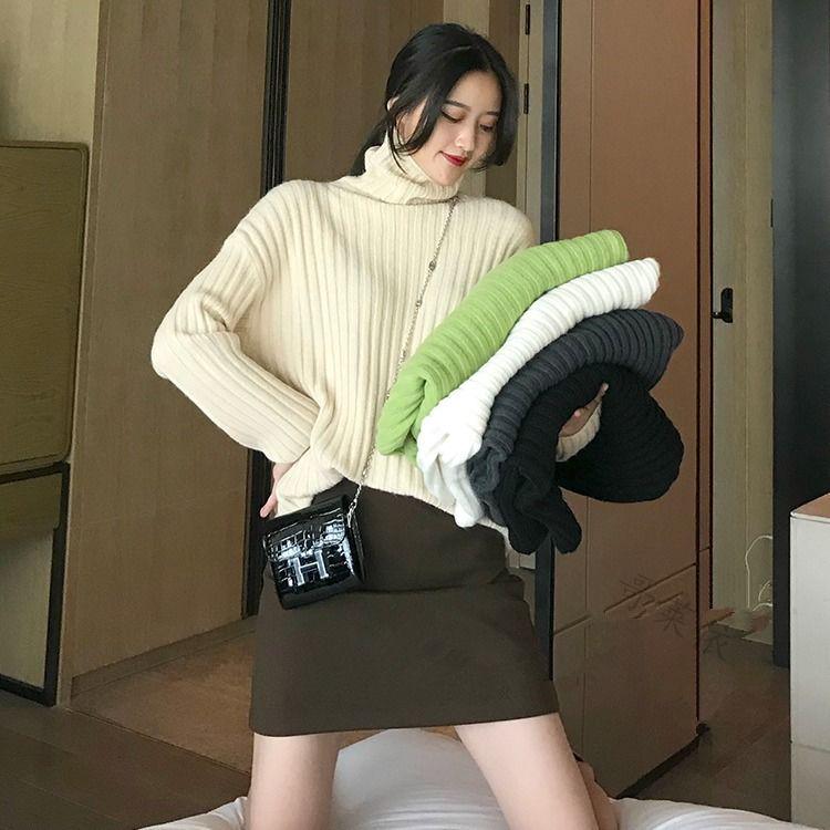 Pofulove Lady Pullover Winter New Net Red Western Bottoming Sweater Fairy Loose Turtleneck Sweater