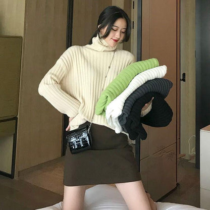 Pofulove Lady Pullover Winter New Net Red Western Bottoming Sweater Fairy Loose Turtleneck Sweater