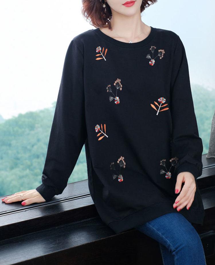 Women Loose T-shirt Long Sleeve Flower Embroidery Casual Round Neck T-shirt Ladies Pullover