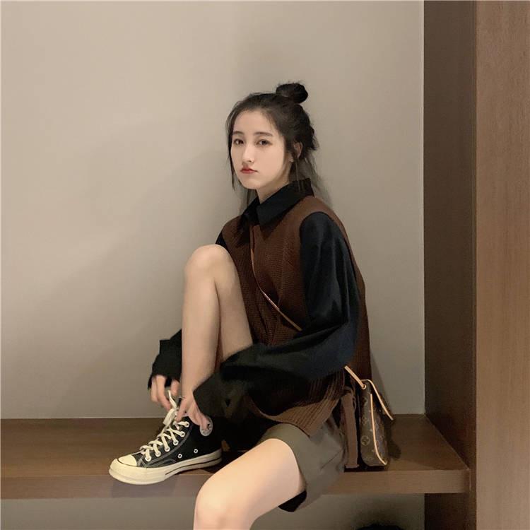 College Style Sweater Vest Women's Round Neck Loose Side Lace Up Knitted Sweater Vest
