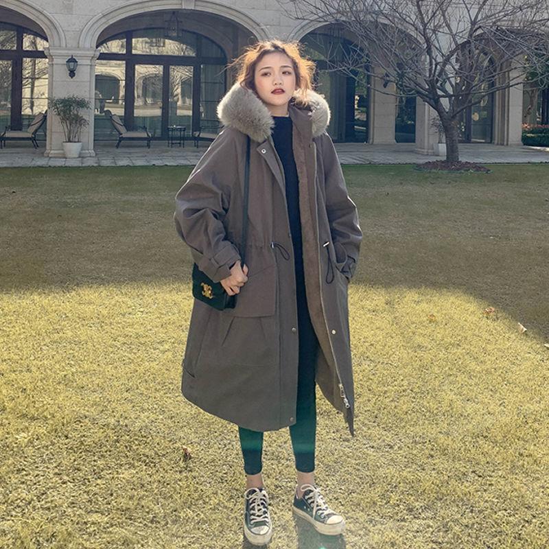 Parker Jacket Women's Winter Padded Clothes Mid-length Plus Velvet Thick Padded Workwear Fluffy Big Fur Collar Hooded Jacket