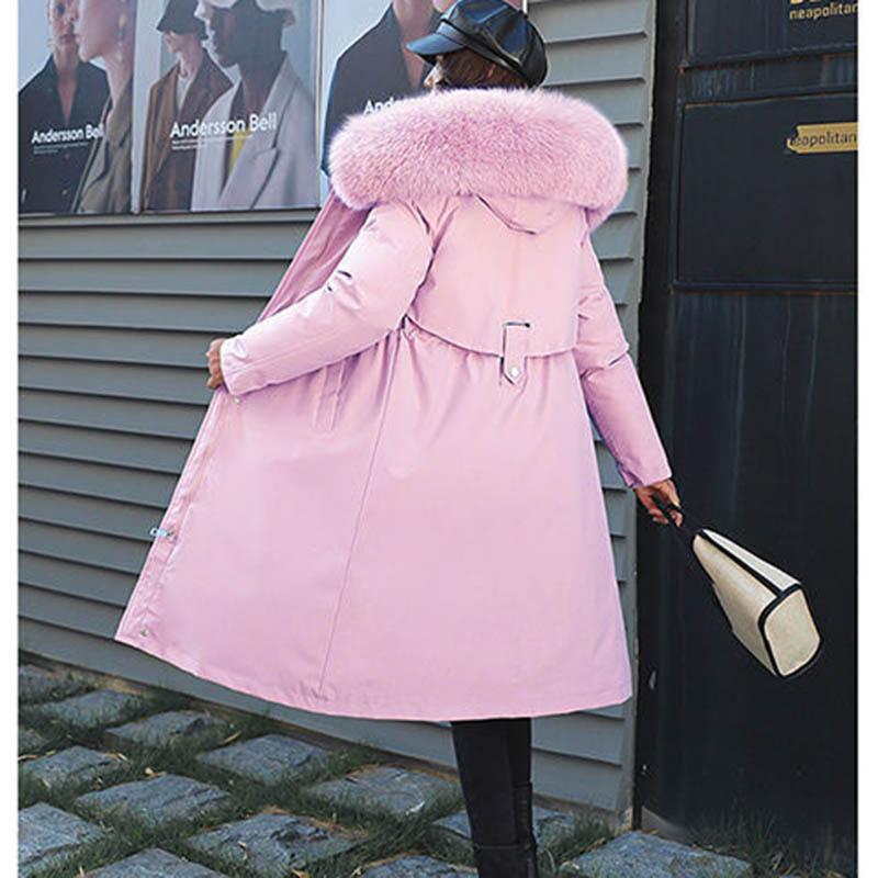 Detachable Overcoming Women's Mid-length Over-the-knee Large Fur Collar Slim-fitting Plus Velvet Padded Coat Loose One-coat Three-wear