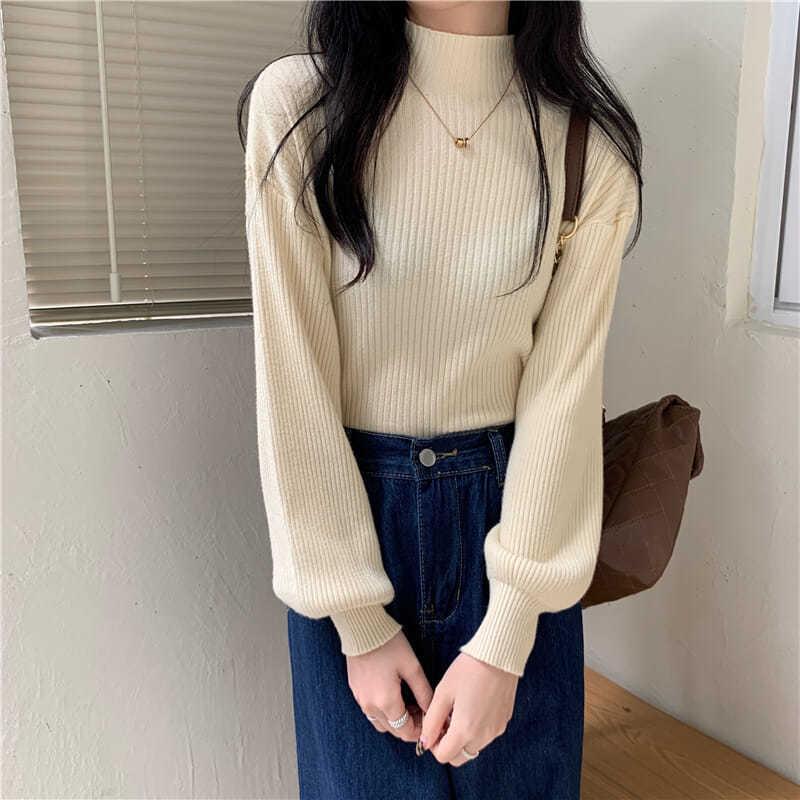Winter Sweater Women Turtleneck Lantern Sleeve Solid Pullover Sweaters White Black Fall Fashion Knitted Tops Girl Jumpers