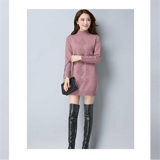 Women Winter Turtleneck Knitwear Dress Long Knitted Solid Color Thick Sweater Skirt Top