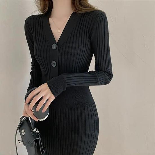 Women's Autumn and Winter Slim Long Sweater Dress Ladies Large Size Solid Color Party Elastic Knitted Dress