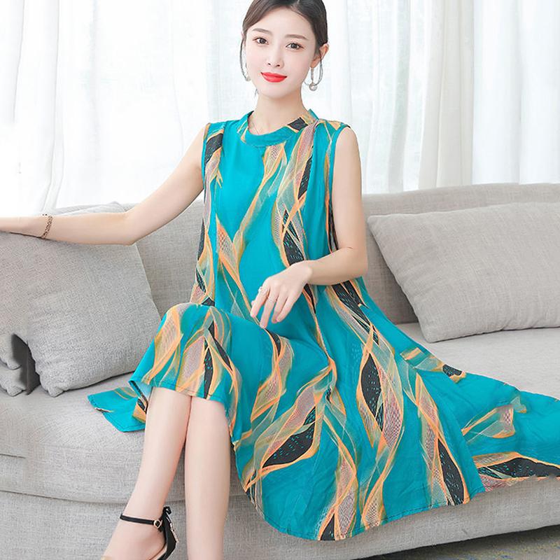 Cotton Silk Dress Female Summer Mother Sleeveless Mid-length Loose Large Home Night Skirt Beach Skirt