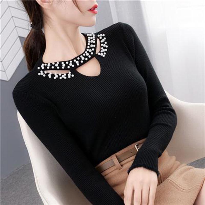 Pofulove Women hollow O-Neck Pearl Beaded Sweater Long Sleeve Knit Sweater Pullover thick Winter