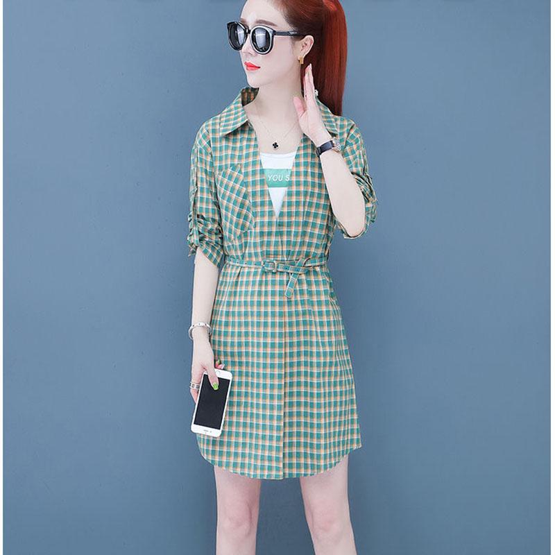 Pofulove Summer dress plus size women's plaid dress slim short sleeve shirt dress with pocket
