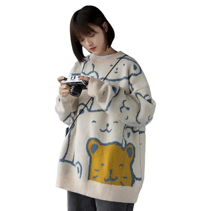Autumn and Winter Women's Sweater Korean Loose Cartoon Print Pullover Cute Knitted Top