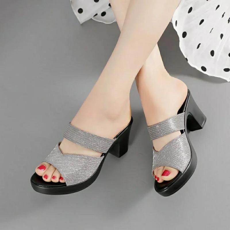 Women's Summer Fashion Increased Slope Fish Mouth Sandals All-match Casual Shiny Sandals and Slippers