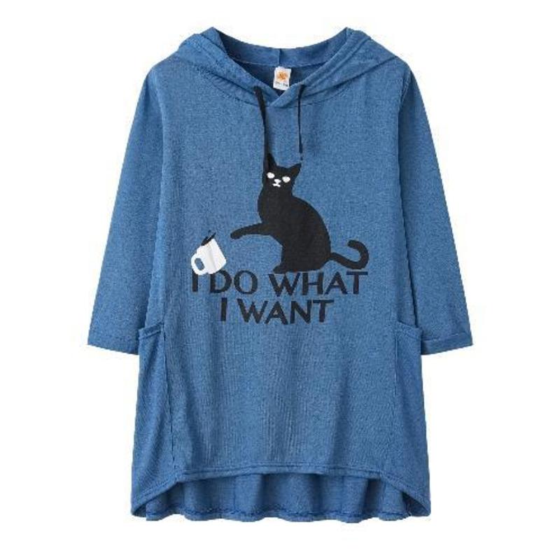 Women Casual Print Cat Ear Hooded Long Sleeves Pocket Irregular Top Blouse Shirt