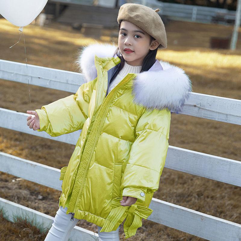 Winter Thickened All-match Big Children's White Duck Down Down Jacket Girls Mid-length Shiny Face Baby Girl Winter Thickened Children's Jacket