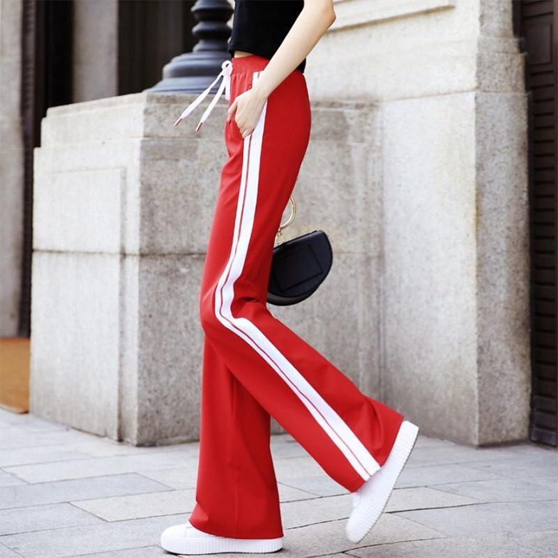 Spring and Autumn Sports Pants Women's Solid Color Drawstring Striped Long Pants Straight-leg Pants Are Thin Side White Edge Women's Pants Students