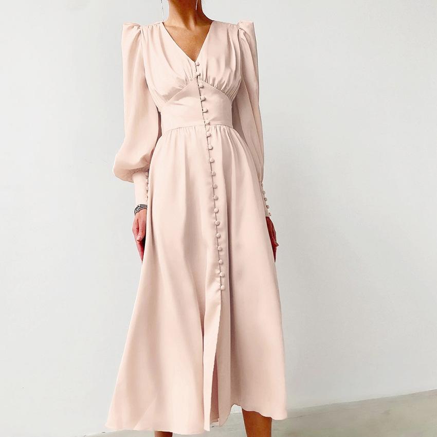 Single Breasted Sexy Dress Party Clud High Waist Satin Long Dress Elegant V Neck Women Midi Dresses Lantern Sleeve
