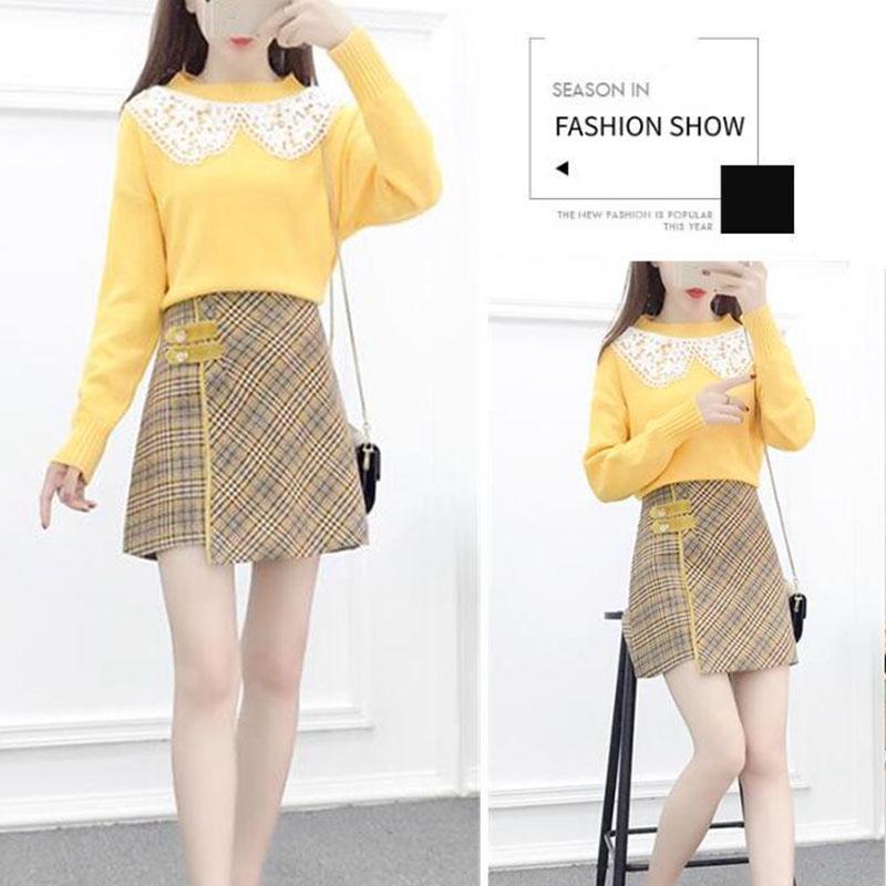 Autumn and Winter Sweater Suit Women Sweet Lace Stitching Knitted Sweater Top and Asymmetric Woolen A-line Skirt Two-piece Ladies Outfits