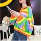 Rainbow Striped Pullover Sweater Women's Short Autumn Loose Casual Hooded Sweater Top Simple Drawstring Knitwear coat