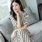 All-match Thin High Waist Skirt Temperament Lady Dress with Pockets In The Long Striped High Waist Dress Thin Elegant Round Neck Retro