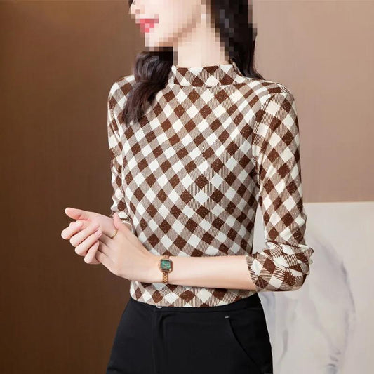 Spring and Autumn Long Sleeve T-Shirt Loose Striped Top Short Casual Half Turtleneck Bottoming Shirt