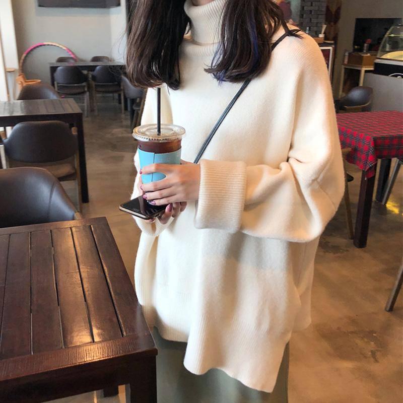 Pofulove Black Turtleneck Women's Loose Winter Pullover Bottoming Shirt Autumn Thick Wearing