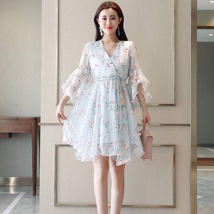 Pofulove S-4XL Women Summer High-end Floral Chiffon Dress Slim Thin Long V-neck A-line Beach Dress