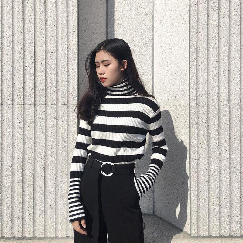 Sweater Women's Turtleneck Knitwear Black and White Striped Pullover Korean Slim Top Trendy Sweater Autumn and Winter Fashion