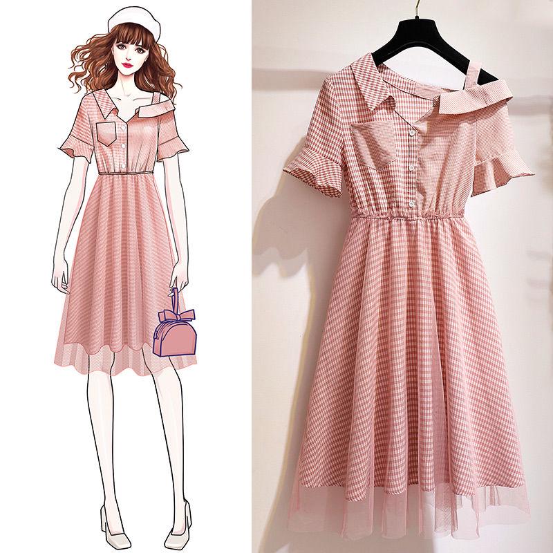 Pofulove Plaid Dress Summer Women  Oblique Shoulder Mesh Dress Shirt Dress with Pockets
