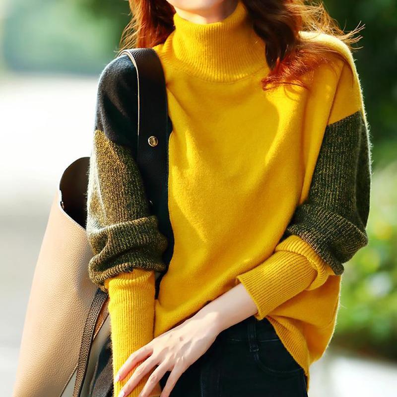 Turtleneck Color-blocking Split Sweater Women Autumn  Winter Women's Clothing Loose-fitting All-match Bottoming Sweater