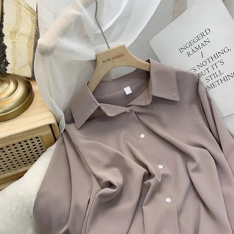 Solid Color Shirt Women's Morandi Long Sleeves Temperatement All-match Simple Shirts Loose Retro Chiffon Lapel Top Button Shirt