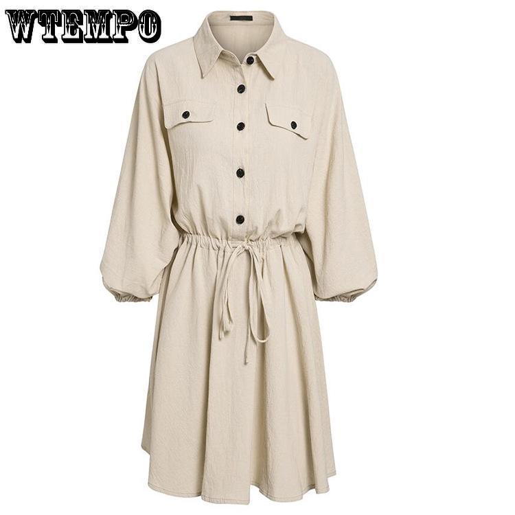 Solid Womens Mini Dress Long Sleeve Pocket Loose Dresses Ladies Autumn Casual Retro Vestidos