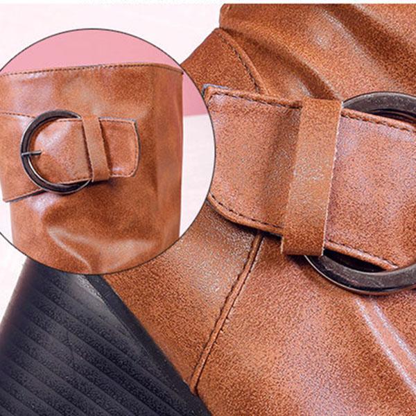 Leather Buckle High-heel Knee-High Boots Women's Leather High Boots Thick-heeled Knight Boots Plus Size 35-43 Cowboy Boots