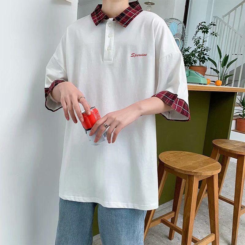 Fake Two-piece  Shirt Men's Short-sleeved T-shirt Summer Plaid Stitching Half-sleeved T-shirt Loose Men's Shirt